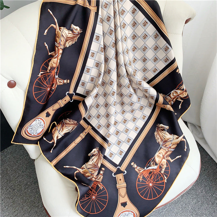 Classic Carriage Silk Twill Large Square Scarf Shawl Elegant Temperament