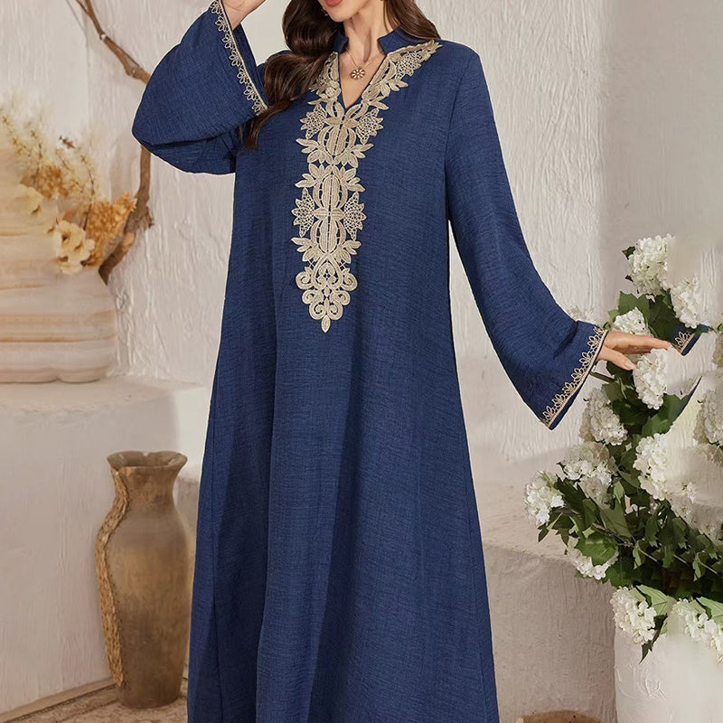 Women's Bohemian Embroidered Maxi Dress - V-Neck Long Sleeve Flowy Kaftan With Ethnic Embroidery, Loose Fit Vintage Dress