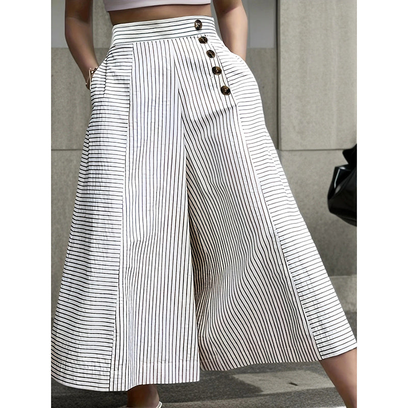 Womens Summer Casual Loose Striped Wide Leg Lounge Pants Elastic Waist Trousers With Button Details