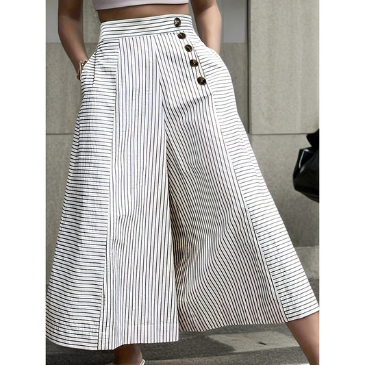Womens Summer Casual Loose Striped Wide Leg Lounge Pants Elastic Waist Trousers With Button Details