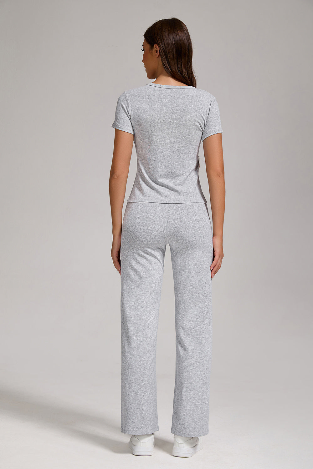 Women's Casual Sports Two-piece Set With V-neck Button, Short Sleeved, Low Waisted Flared Pants, Sportswear