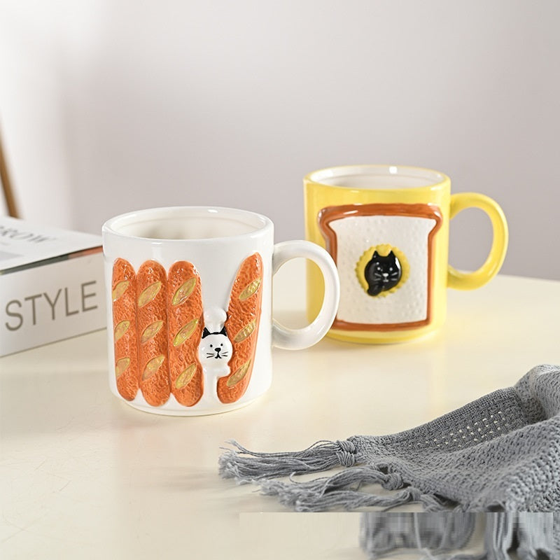 Toast Cat Cup French Stick Relief Ceramic Mug