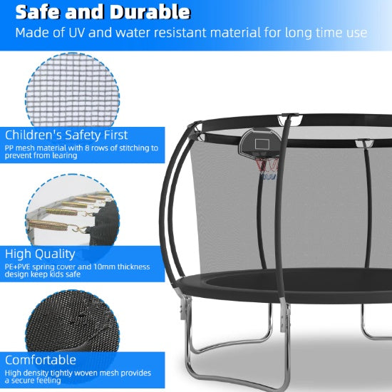 12 FT TRAMPOLINE BLACK PUMPKIN-STYLE SAFETY NET WITH BASKETBALL HOOP