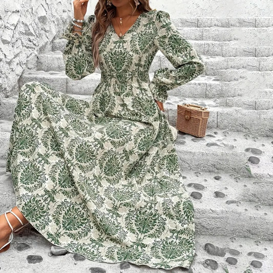 Women's V-Neck Floral Print Long Sleeve Maxi Dress - A-Line Hem With Lace Cuff Details, Elegant Bodycon Dress For Spring&Summer