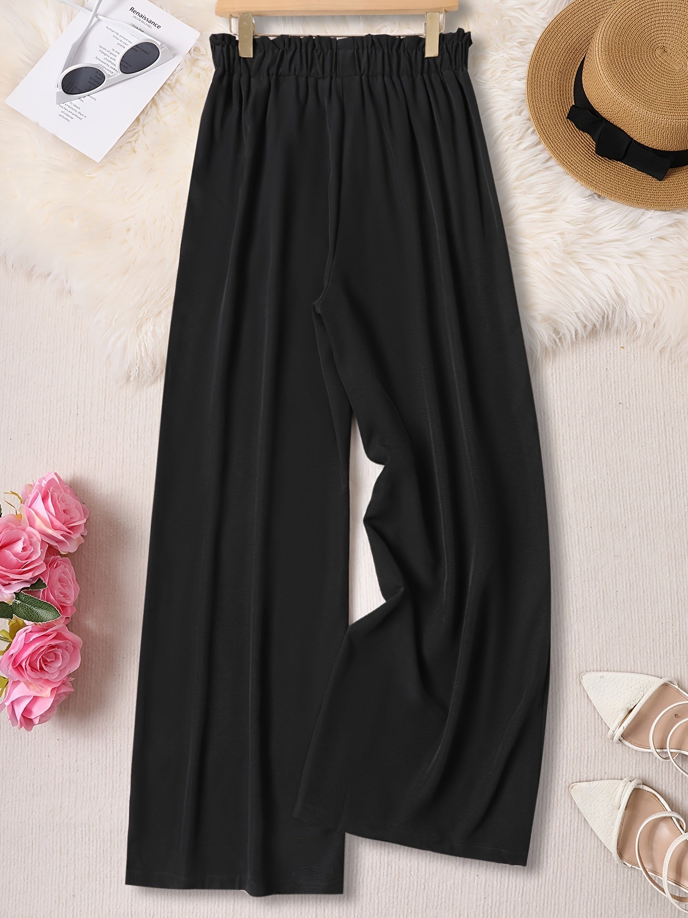 Women's Plus Size Elastic Waistband Pants With Waist Tie - Summer Casual Wide-Leg Trousers
