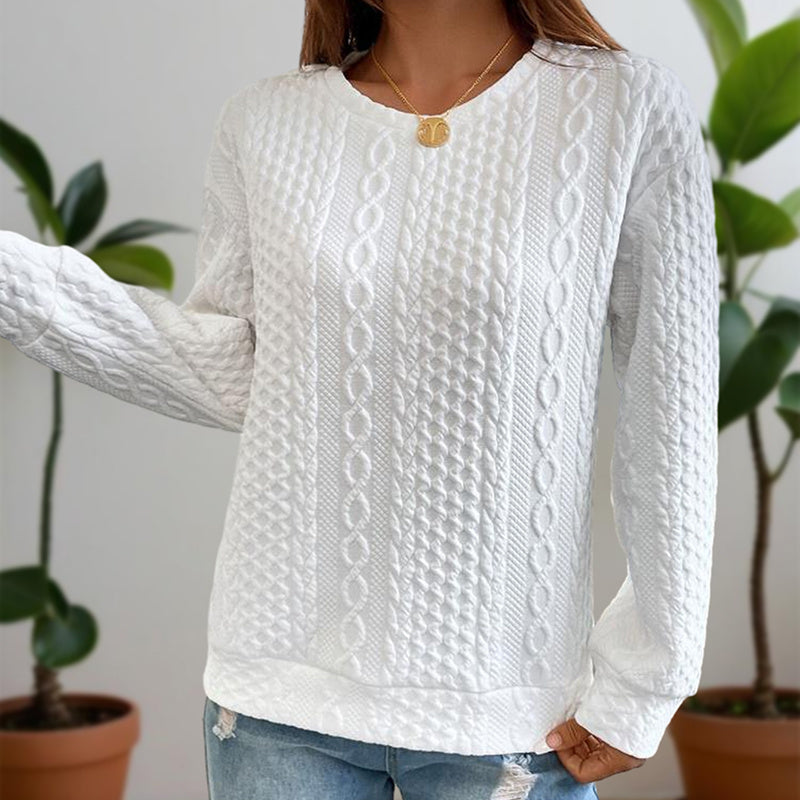 Women's Solid Color Textured Round Neck Drop Shoulder Long Sleeve Sweatshirt - Casual Loose Fit Pullover