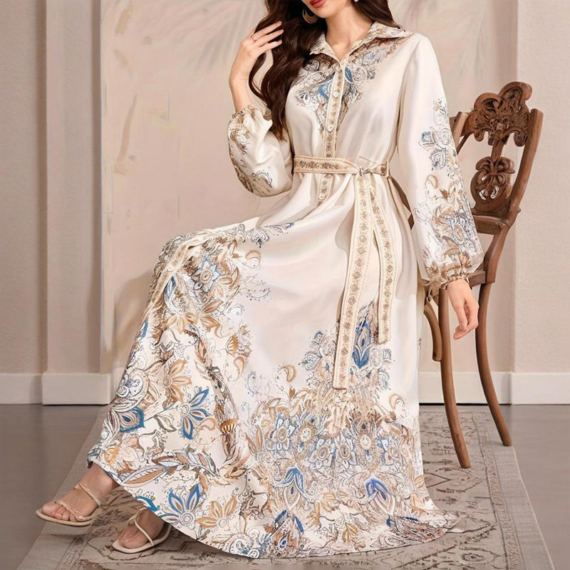 Women's Elegant Casual Knee-Length Dress - Drawstring Long Sleeves, Middle Eastern Lapel Print Adjust Tie Waist Belt Vacation & Party Dress