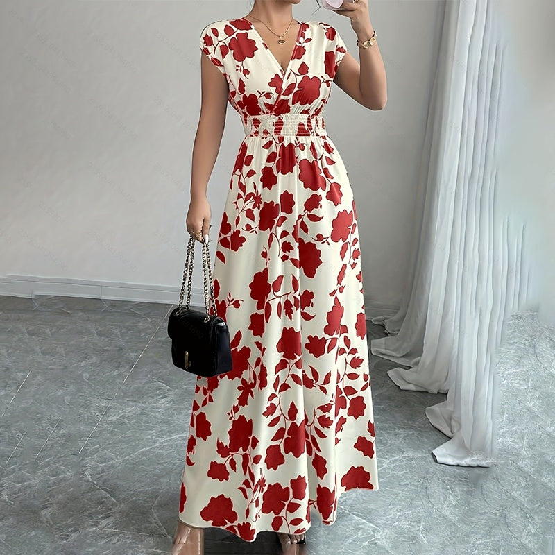 Women's Wrap V Neck Short Sleeve Empire Elastic Waist Summer Casual Elegant Maxi Long Dresses