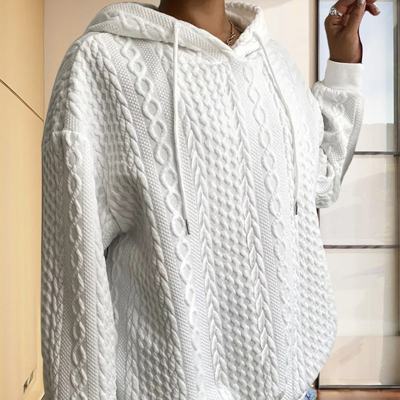 Women's Solid Color Ribbed Design Long Sleeve Hoodie - Loose Fit Drawstring Pullover For Fall & Winter Casual Wear