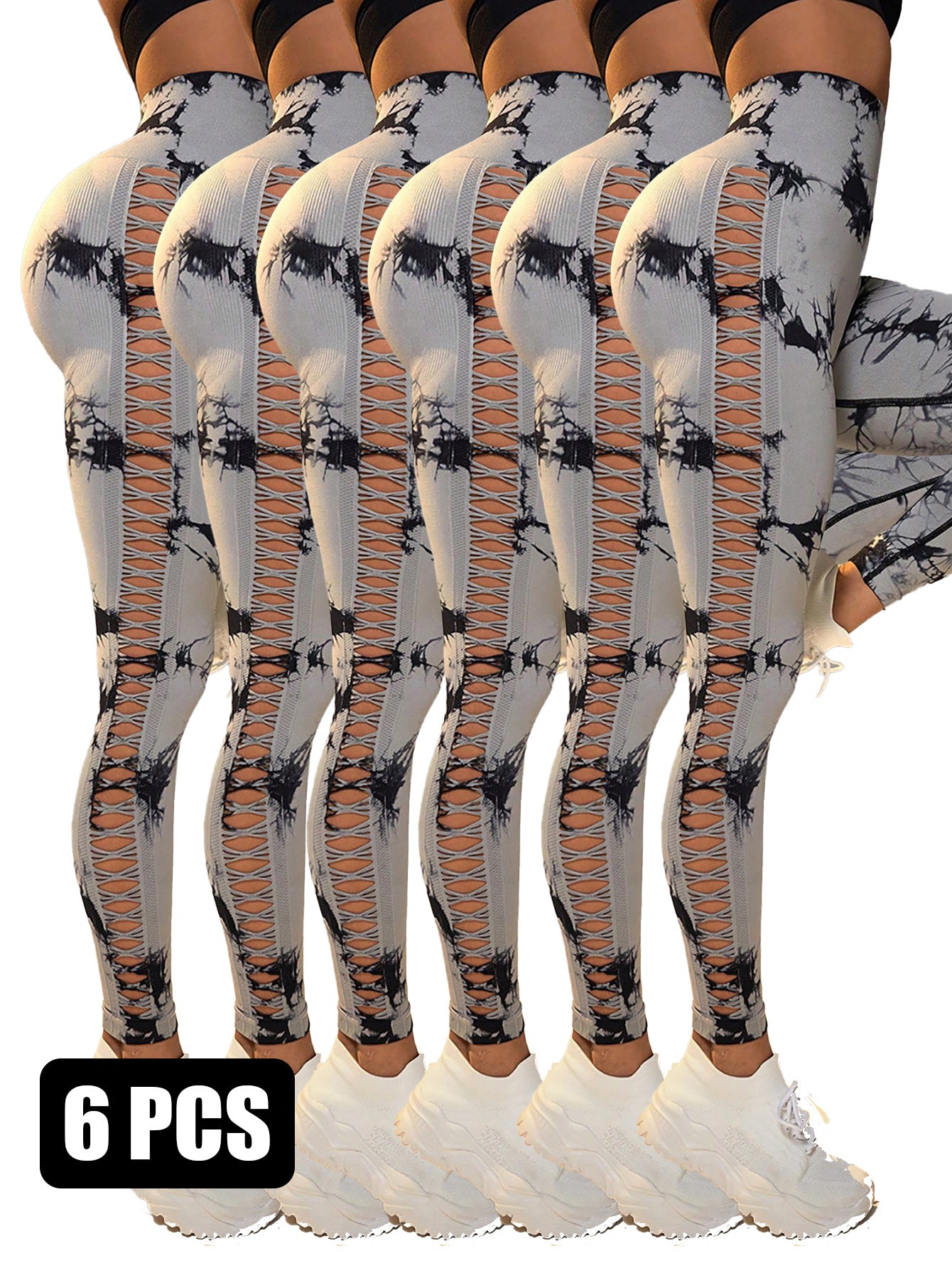 6Pcs Tie-dye Cut-out Leggings Women's Yoga Pants