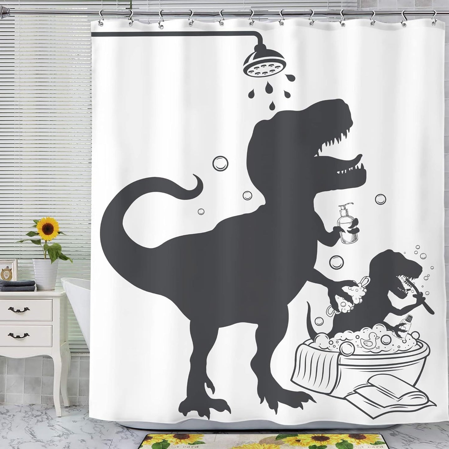 1pc Dinosaur Bath Silhouette Printed Shower Curtain, Waterproof Bathroom Shower Curtain With Hooks, Bathroom Accessories, Room Decor