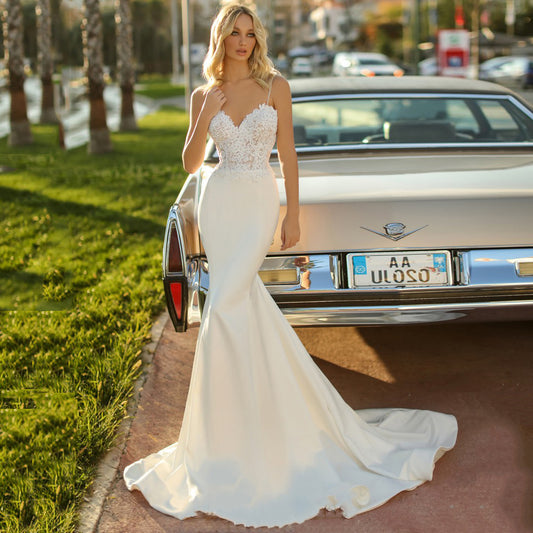 White Simple Trip Shoot Fishtail Bridal Tube Top Wedding Dress