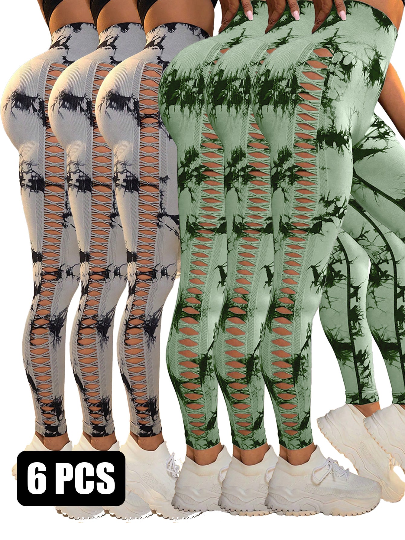 6Pcs Tie-dye Cut-out Leggings Women's Yoga Pants