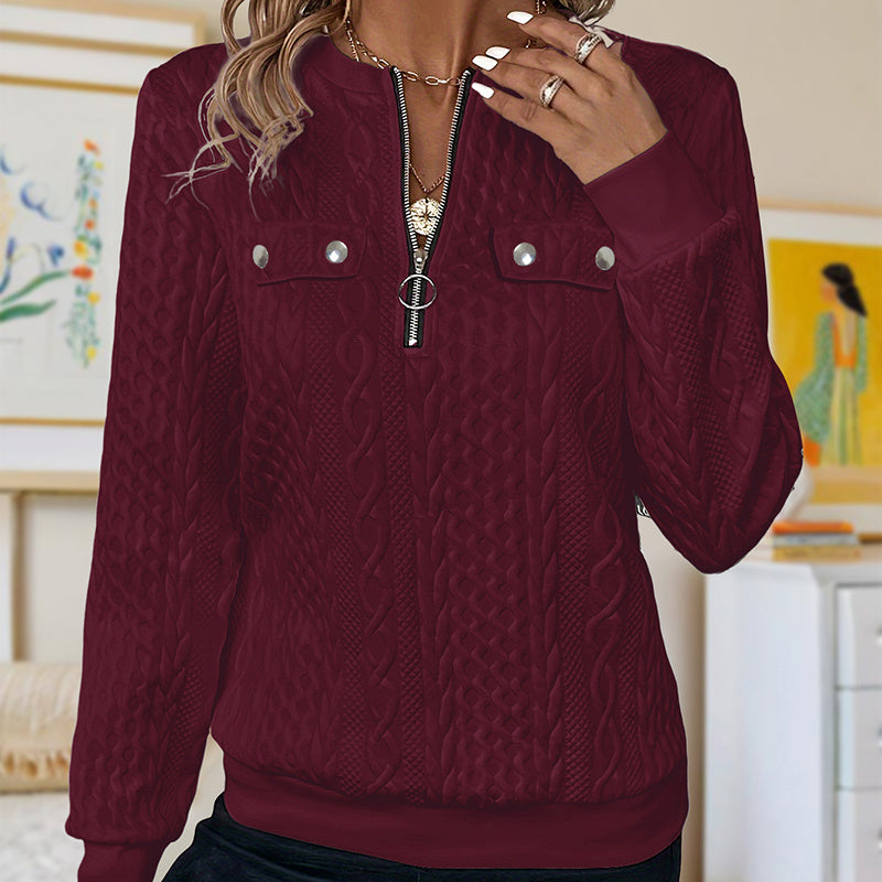 Women's Elegant Solid Color Textured Long Sleeve Sweatshirt With Zipper & Button - Casual Pullover