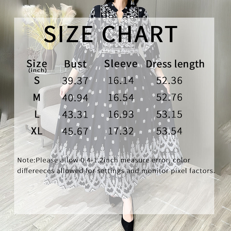 Women's Bohemian Embroidery V-neck Dress, Elegant 3 4 Sleeve A-line Swing Maxi Dress