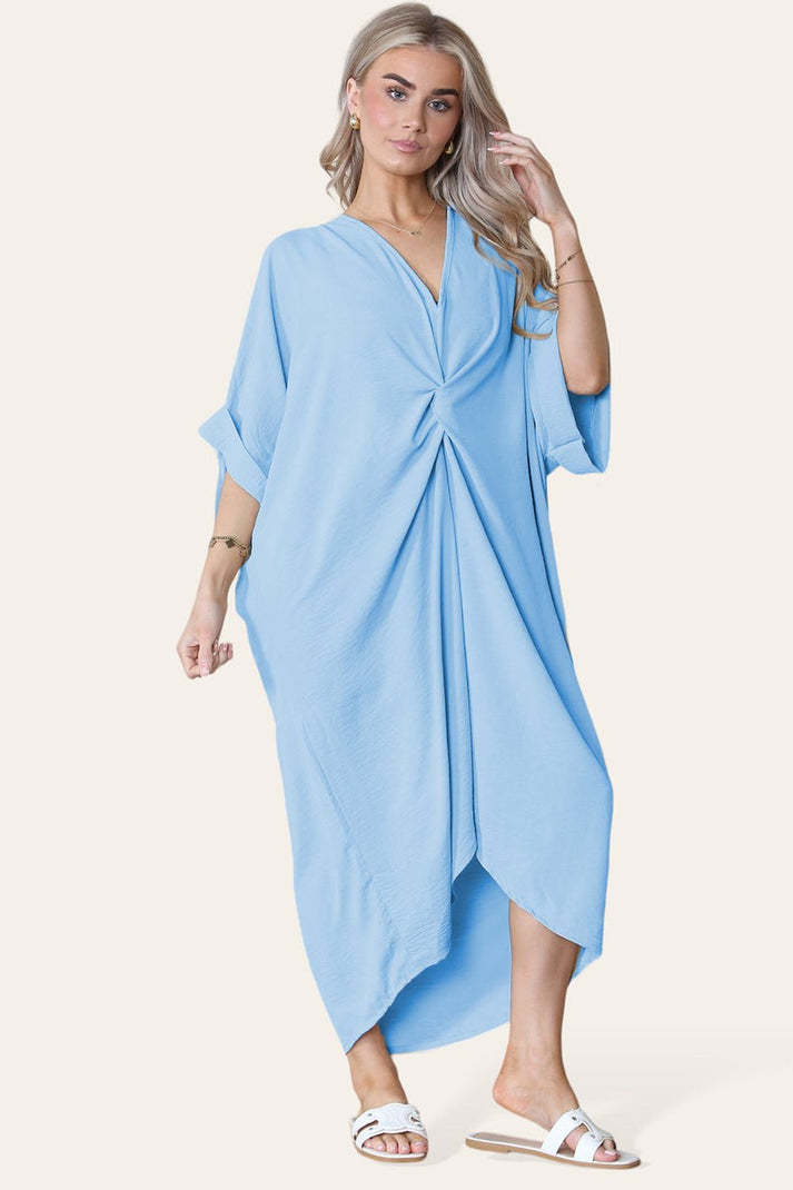 Womens V-Neck Tie Knotted Twisted Front Oversized Longline Midi Dress