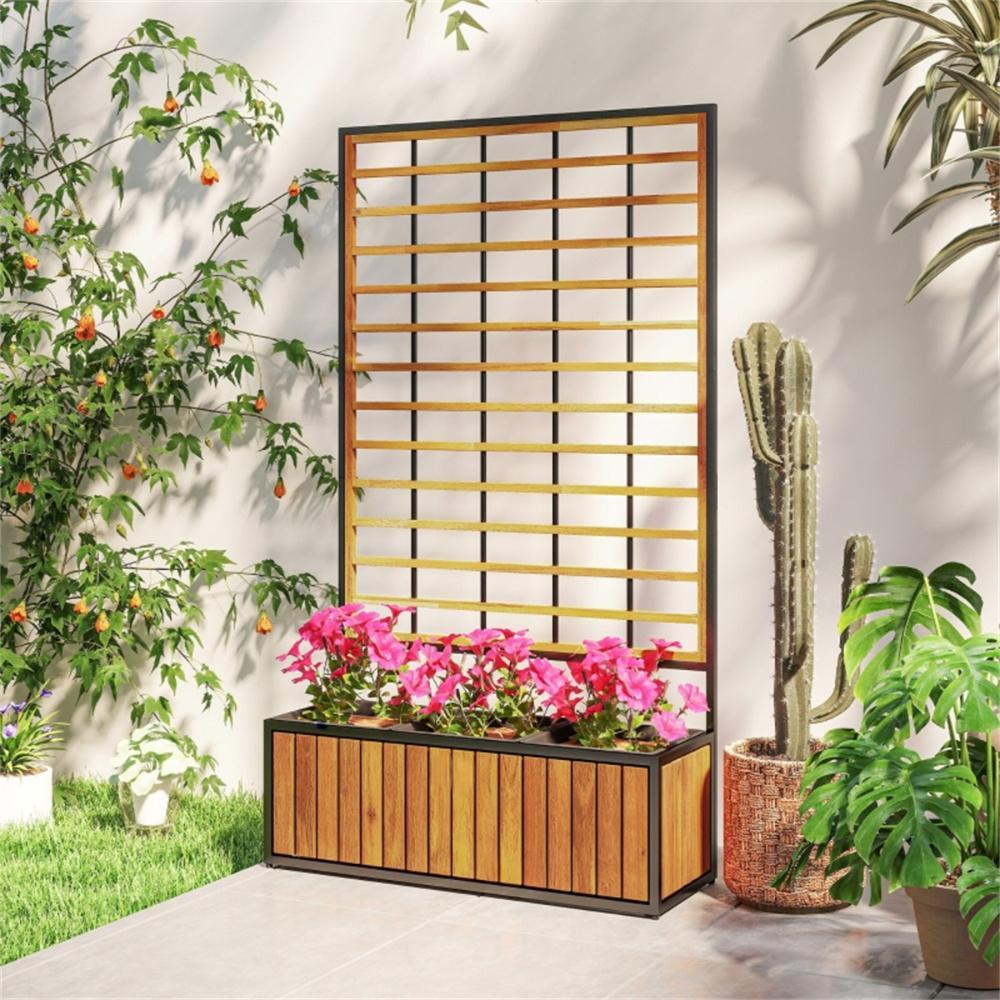 Wooden Raised Garden Bed With Trellis, Removable Pots For Backyard-Teak
