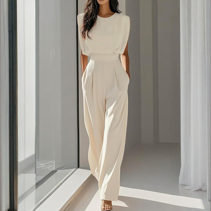 Women's Solid Color Round Neck Short Sleeve Wide-Leg Jumpsuit With Waist Design & Pockets Casual Romper For Spring&Summer