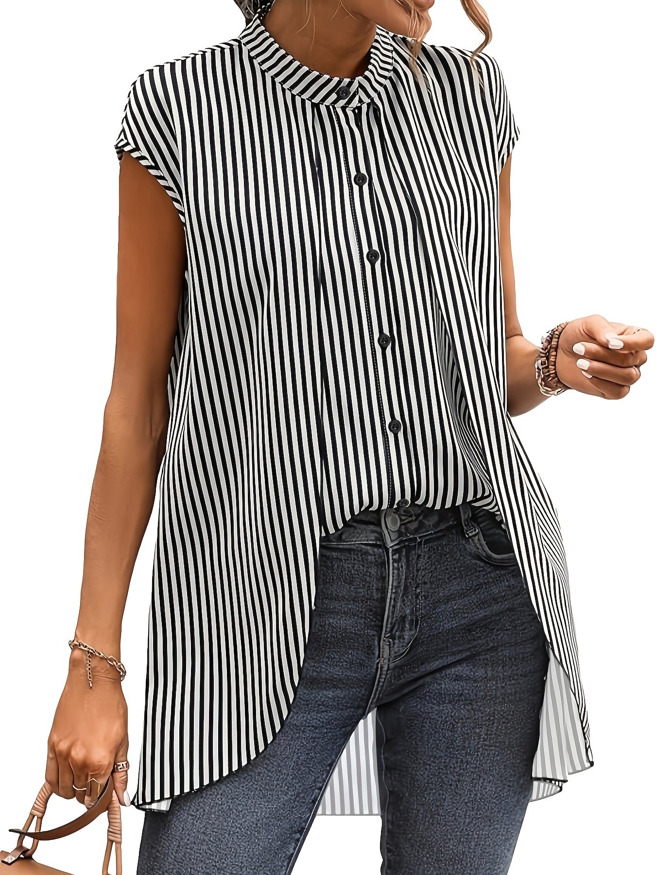 Black And White Striped Fake Two-piece Short-sleeved Shirt, Round-neck Front-buttoned Shirt