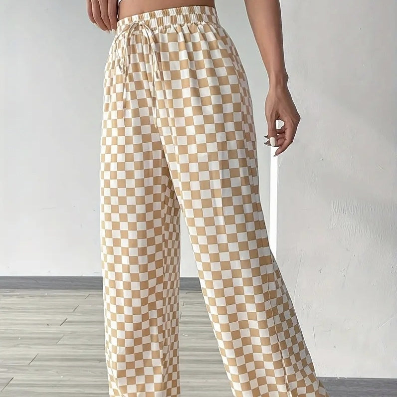 Ladies' Checkerboard Printed Drawstring High Waisted Wide Leg Pants