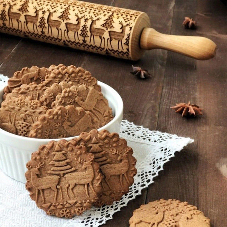 Solid Wood Elk Snowflake Embossed Printing Christmas Rolling Pin