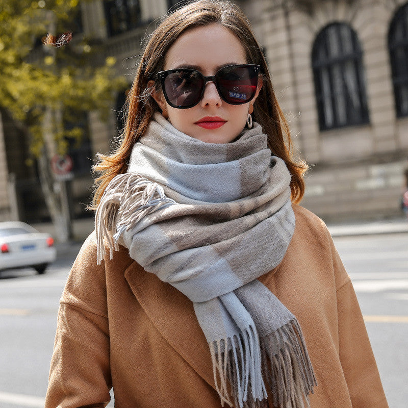 Female Fringed Plaid Wool Scarf British Style Wool Shawl