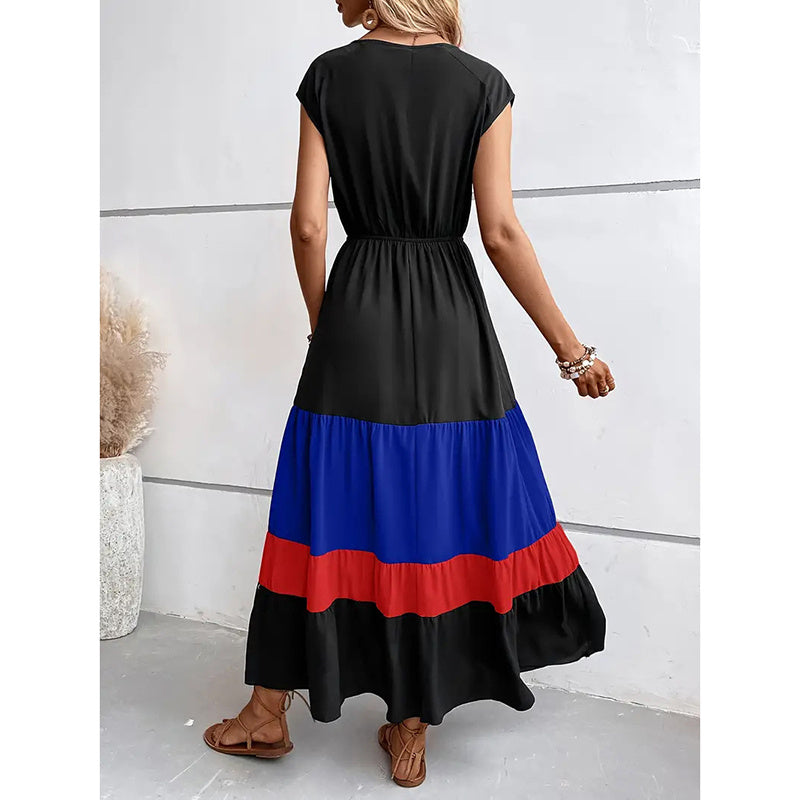 Women's Color Block Maxi Dresses V Neck Sleeveless Tiered Casual Dresses Loose Sundress