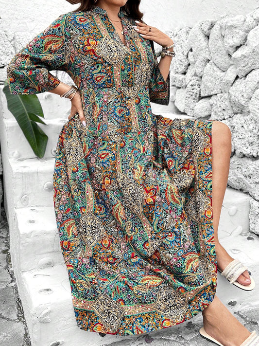 Women's Plus Size V-Neck Printed Party Vacation Midi Dress With Seamless Design