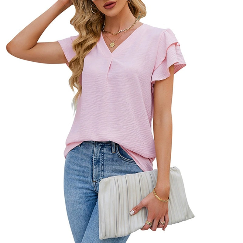 Womens Dressy Tops V Neck Flowy Ruffle Short Sleeve Shirts Elegant Business Outfits