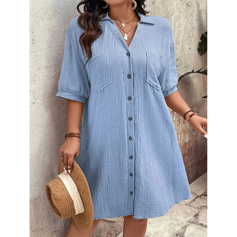 Womens Cotton Shirt Dress Summer Casual Short Sleeve Button Down V Neck Loose Mini Dress With Pockets