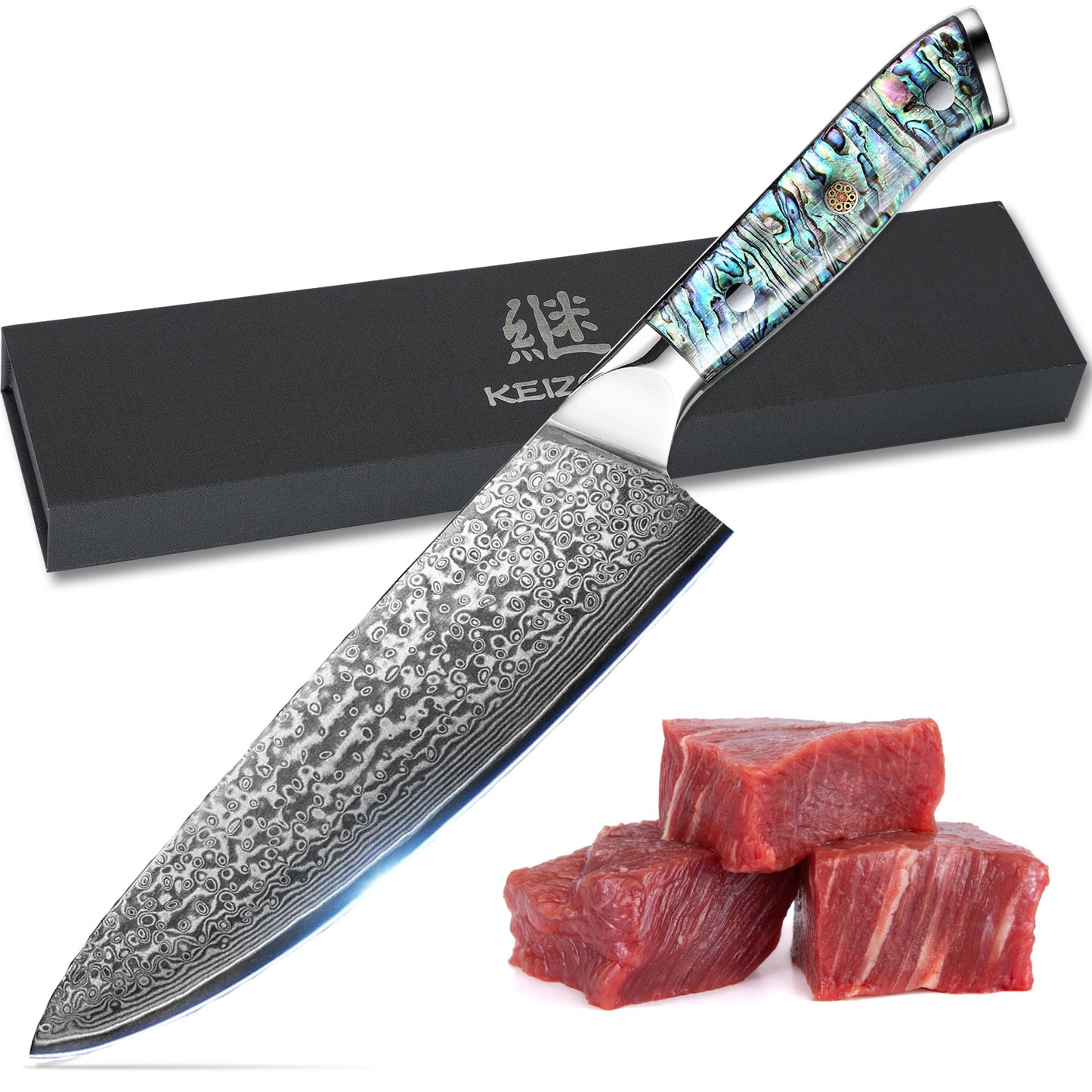 Damascus Steel Chef Knife 8 Inch, Santoku Knife, Boning Knife, Japanese Professional 10Cr15MOV Blade With Hand Forged Hammer Pattern, Ultra Sharp Kitchen Knife With Abalone Shell Ergonomic Handle