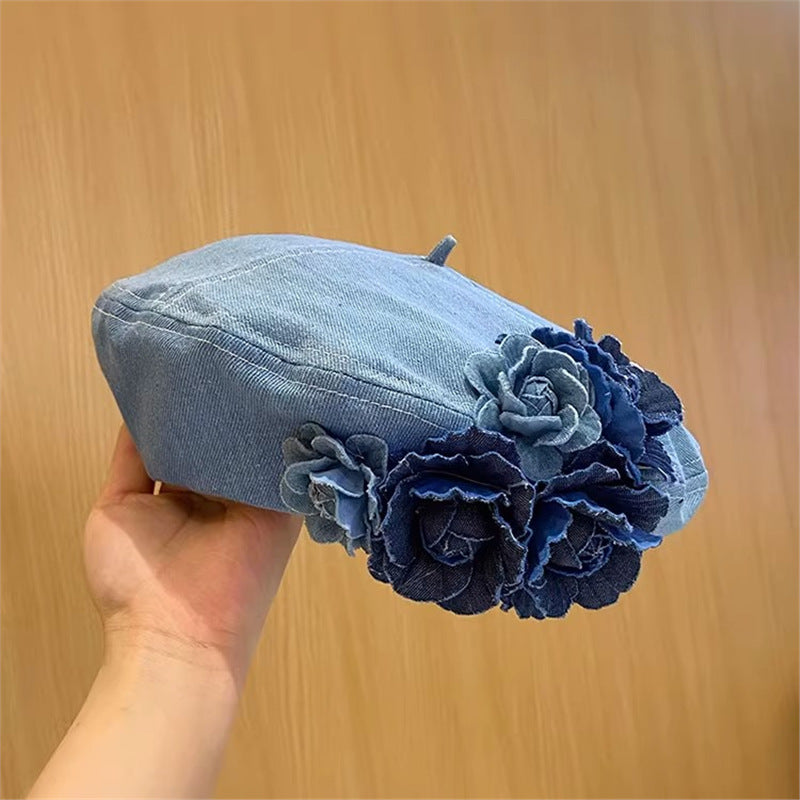 Japanese Minority Contrast Color Three-dimensional Flowers Denim Beret