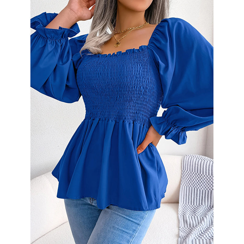 Women's Peplum Tops Square Neck Ruffle Trim Long Sleeve Blouse Smocked Top Dressy Casual Shirts