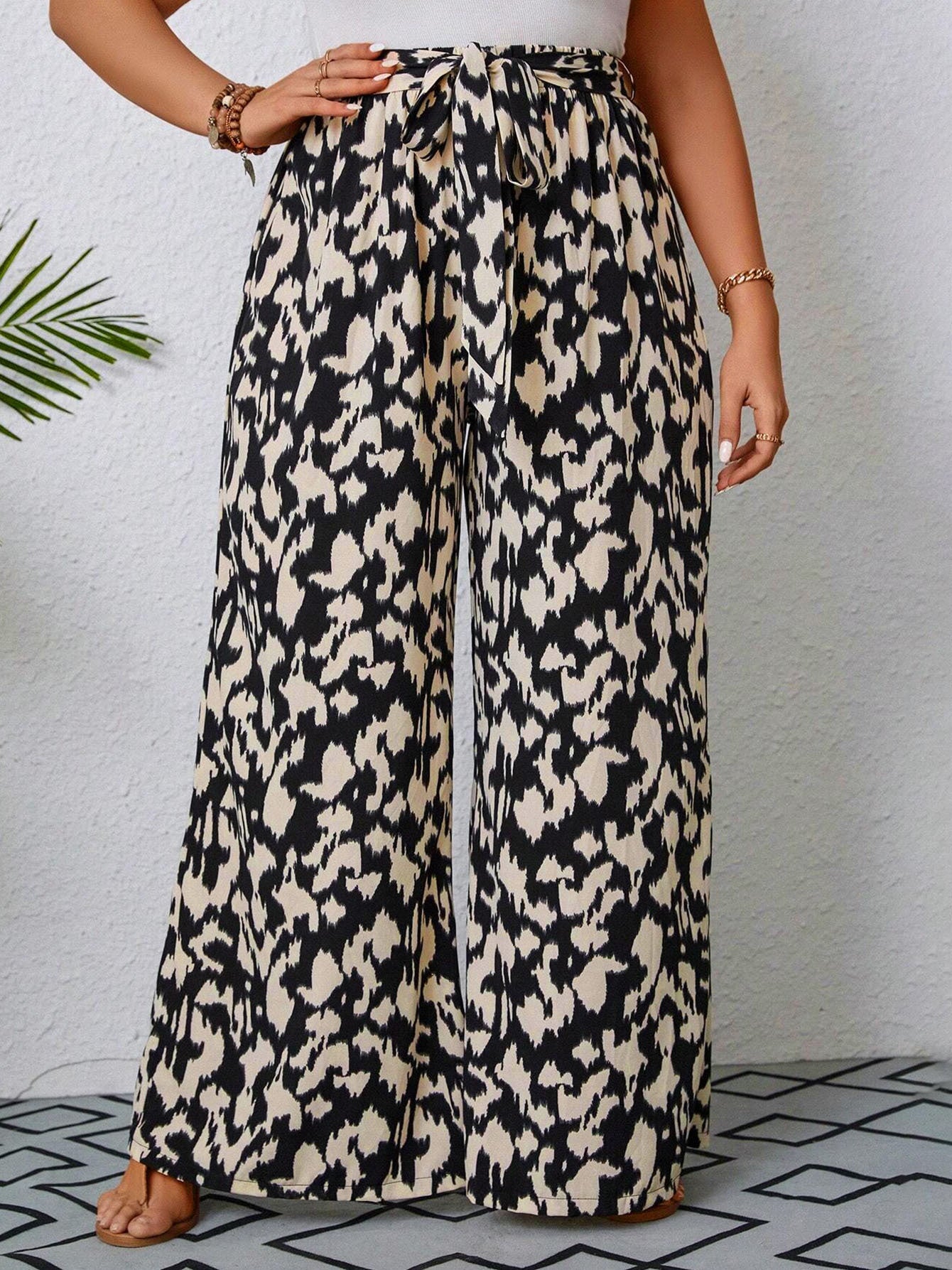 Women's Plus Size Printed Wide-Leg Pants - Summer Casual Elastic Waist Long Trousers With Belt