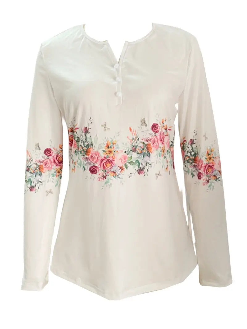 Spring And Autumn New Style White Buttoned Rose Print Long Sleeve T-shirt Casual Top