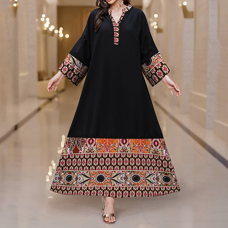 Women's Summer Plus Size Ethnic Print Dress Boho Casual Notched V Neck Long Sleeve Maxi Dress