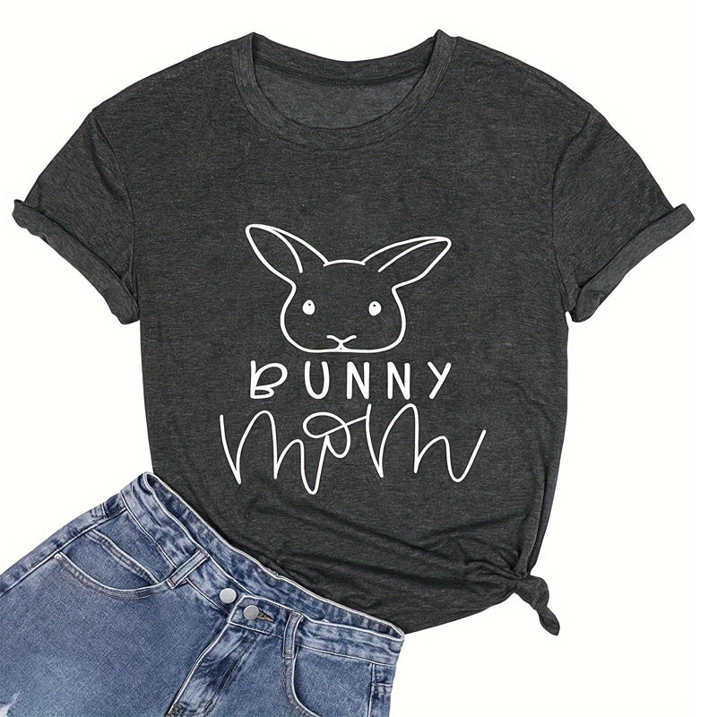 Women's Round Neck Short Sleeve T-Shirt - Cute Bunny Print Summer Casual Tee
