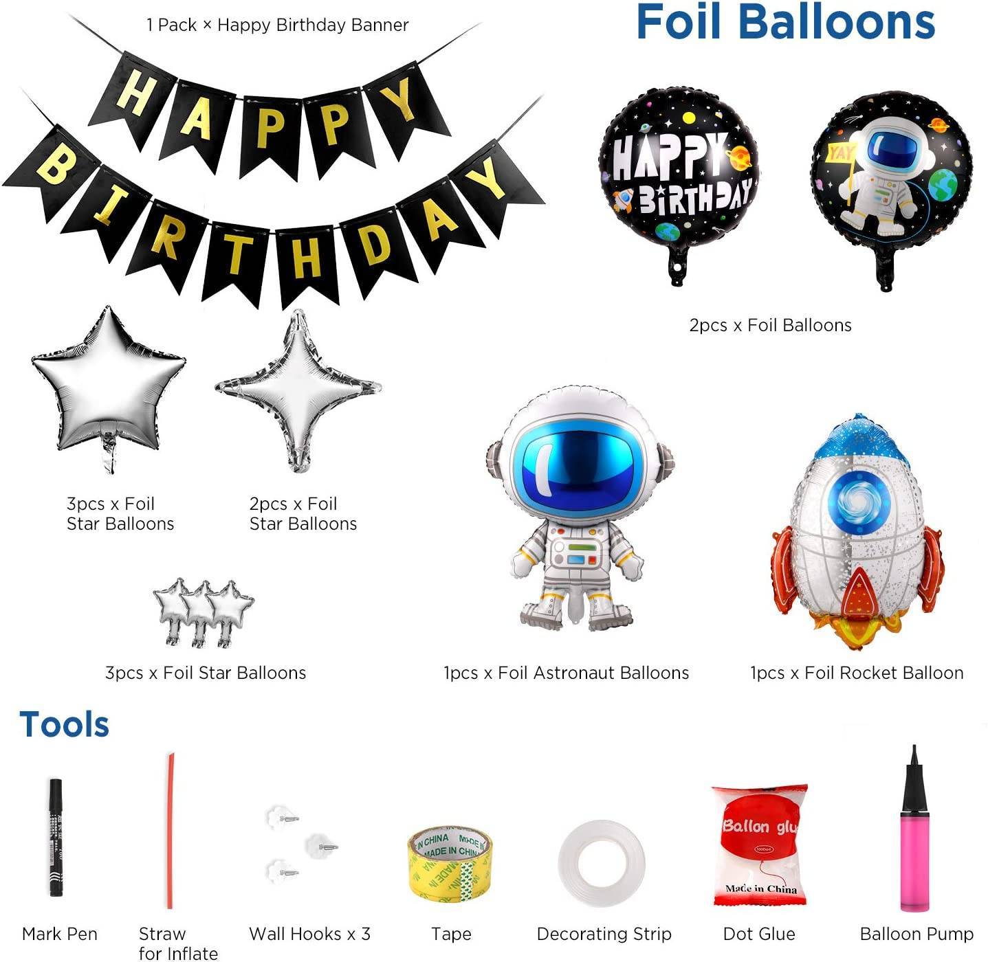 55 Pcs Metallic Balloons Blue Astronaut Rocket Foil Balloons Happy Birthday