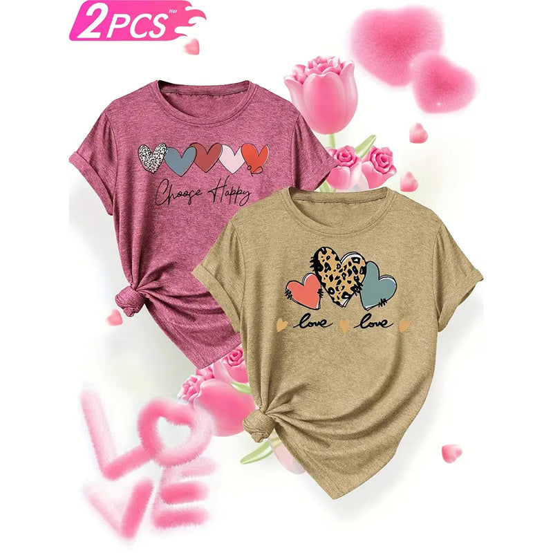 Women's 2 Pack Cute Heart T-Shirt Casual Short Sleeve Love Letter Graphic Printed Tees Tops