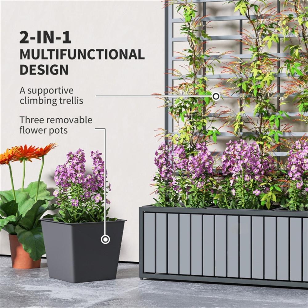Wooden Raised Garden Bed With Trellis, Removable Pots-Gray