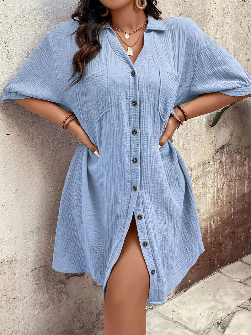 Womens Cotton Shirt Dress Summer Casual Short Sleeve Button Down V Neck Loose Mini Dress With Pockets