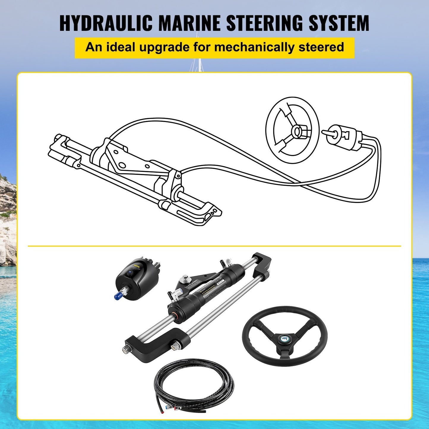 Hydraulic Boat Steering Kit, 300HP Hydraulic Steering Kit Helm Pump, Hydraulic Outboard Steeing Kit With 14 Feet Hydraulic Steering Hose For Boat Steering System