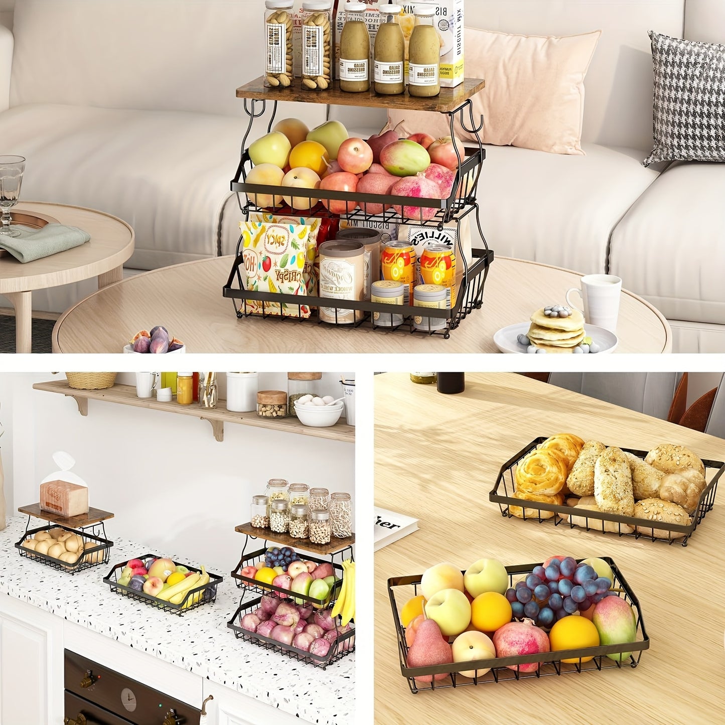 1pc 3-Layer Fruit Basket For Kitchen With 2 Banana Hooks, Suitable For Kitchen, Bread Vegetable Fruit Organizer With Wooden Handle, Large Capacity Rectangular Storage Rack, Black, Suitable For Restaur