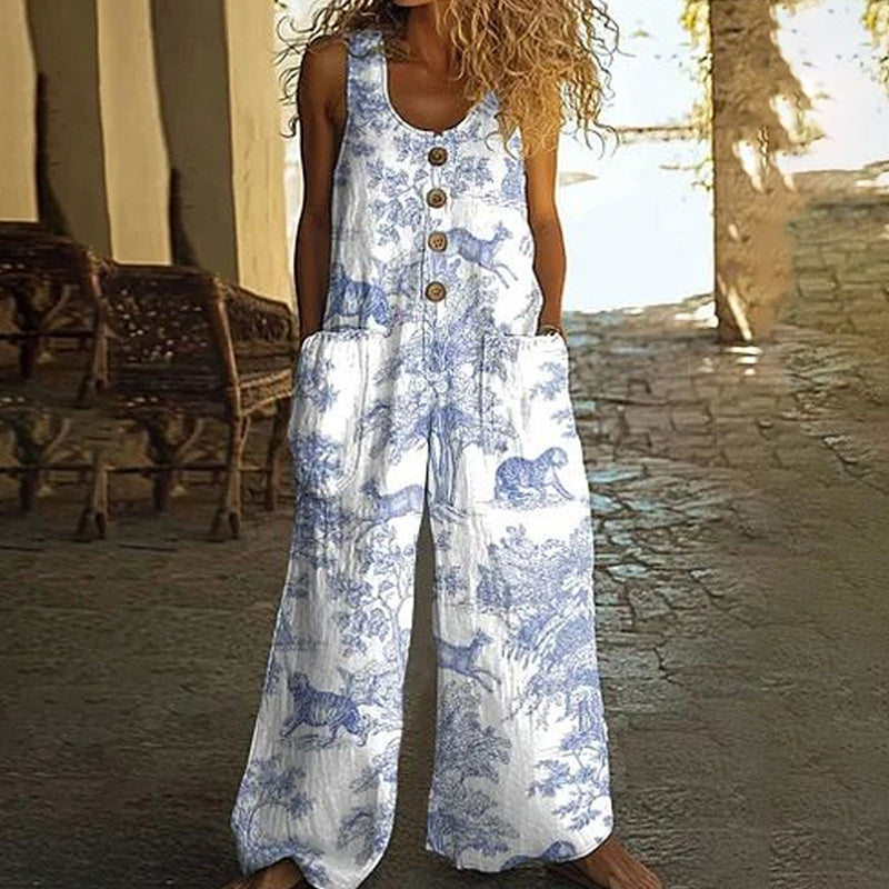 Women's Vintage Floral Jumpsuit - Sleeveless Button Front Romper With Pockets, Casual Loose Fit Long Pants Jumper