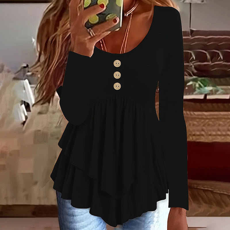 Womens Casual Long Sleeve T-Shirt Solid Color Round Neck Layered Button Front Tunic Tops
