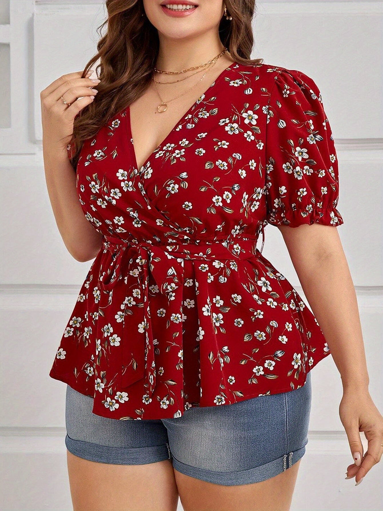 Women's Plus Size Summer Elegant V-Neck Floral Blouse - Office & Vacation Top With Belt