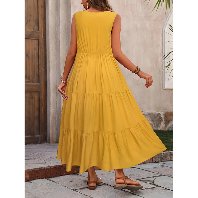 Women's Summer Casual Sleeveless V Neck Swing Dress Flowy Tiered Maxi Beach Dress