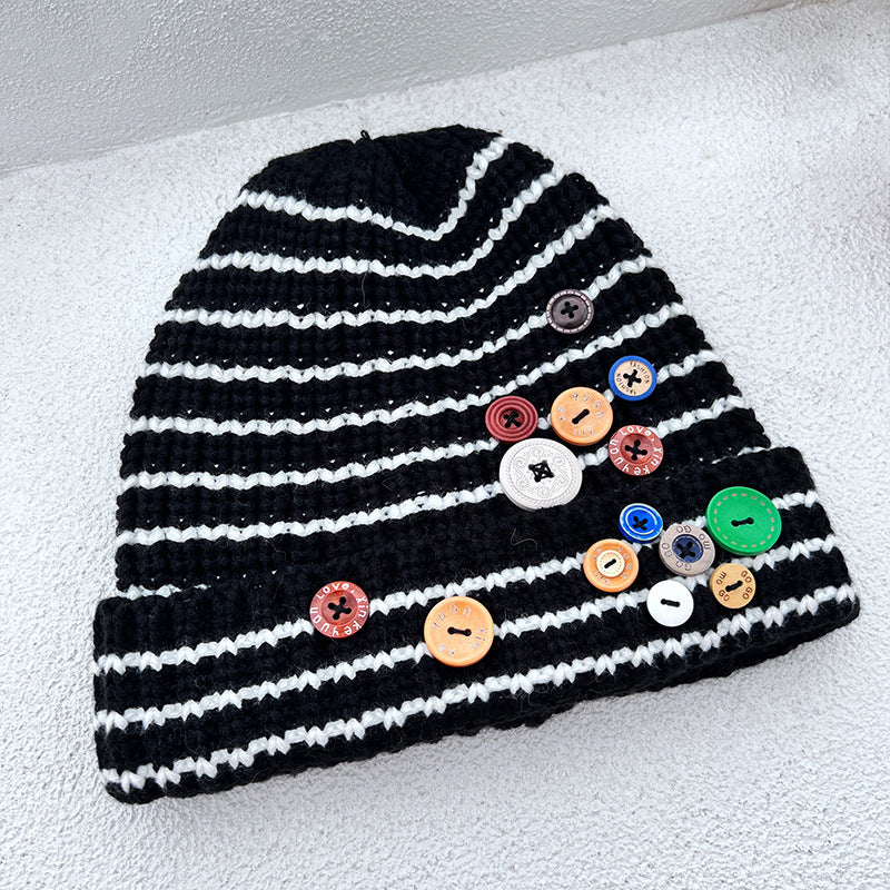 Autumn And Winter Buttons Knitted Hat Warm Ear Protection All-match And Cute Pile Heap Cap