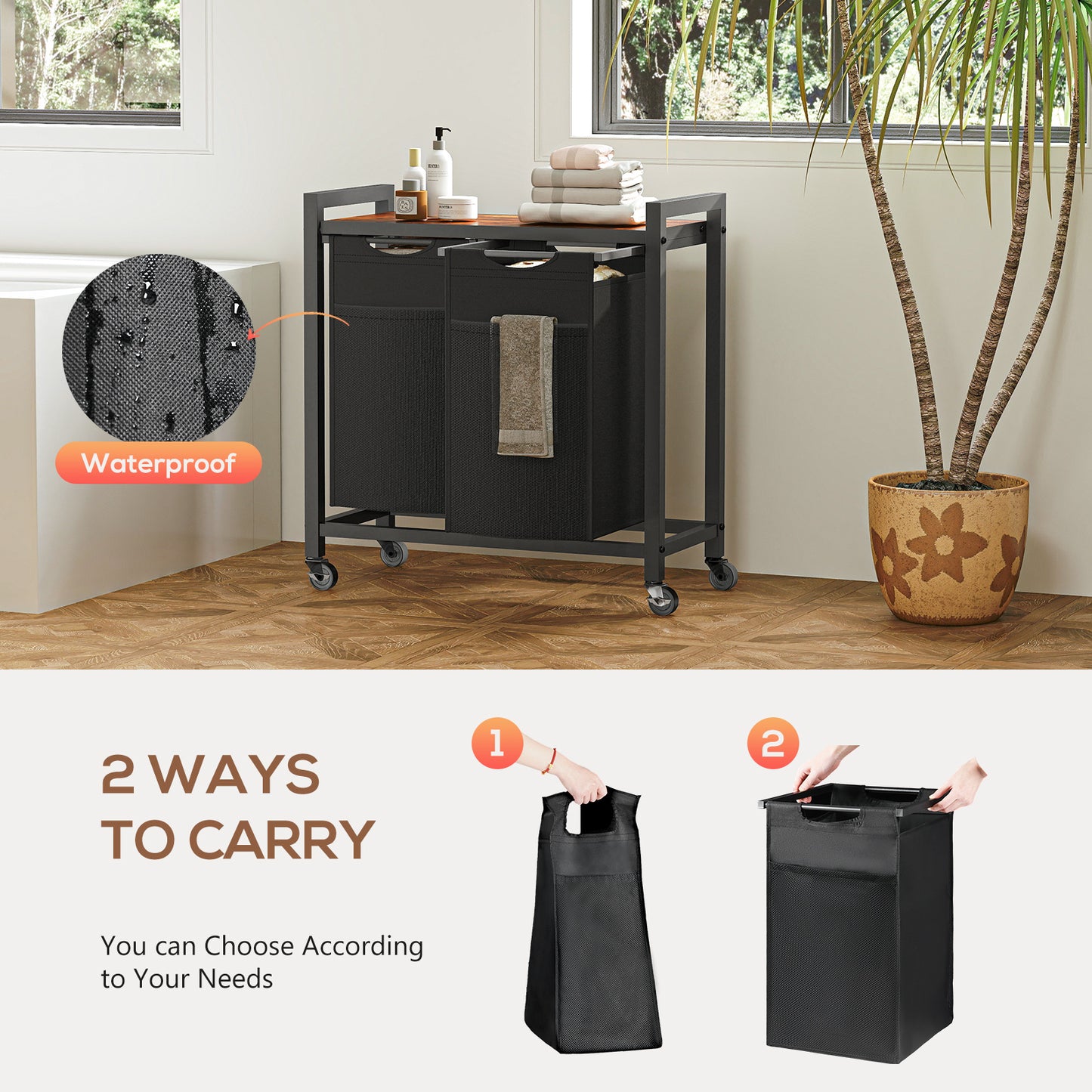 Laundry Hamper With 3 Pull-Out Removable Laundry Bags Clothing Sorter With Shelf And Wheels Adjustable Feet, 3 X 8.6 Gallons