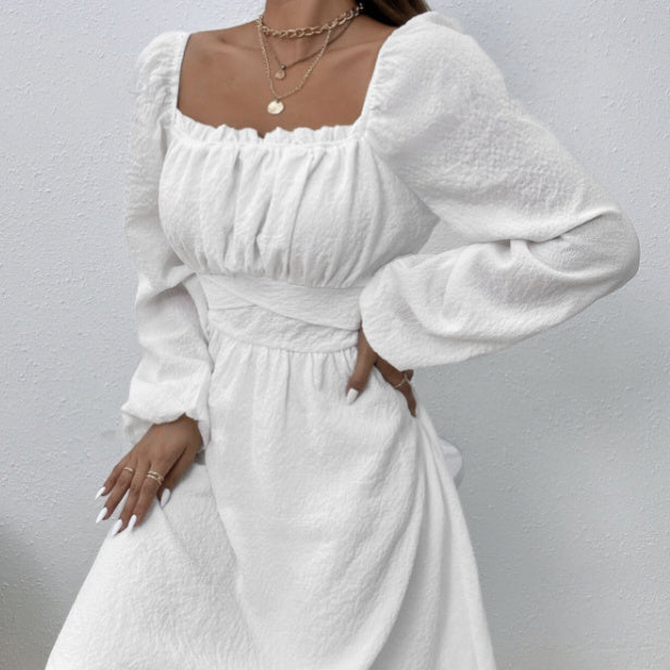 Ladies' Fashion Elegant Solid Color Collar Lace Fold Waist A-list Dress